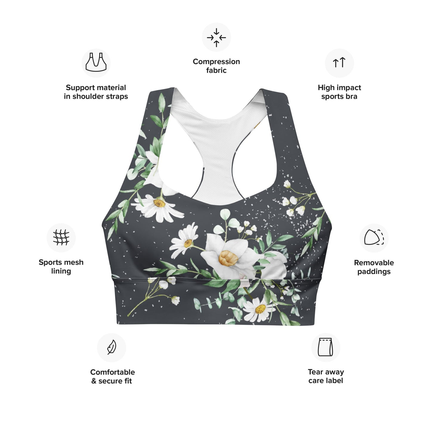 Recycelter Longline - Sport - BH mit floralem Muster - YogaStylz