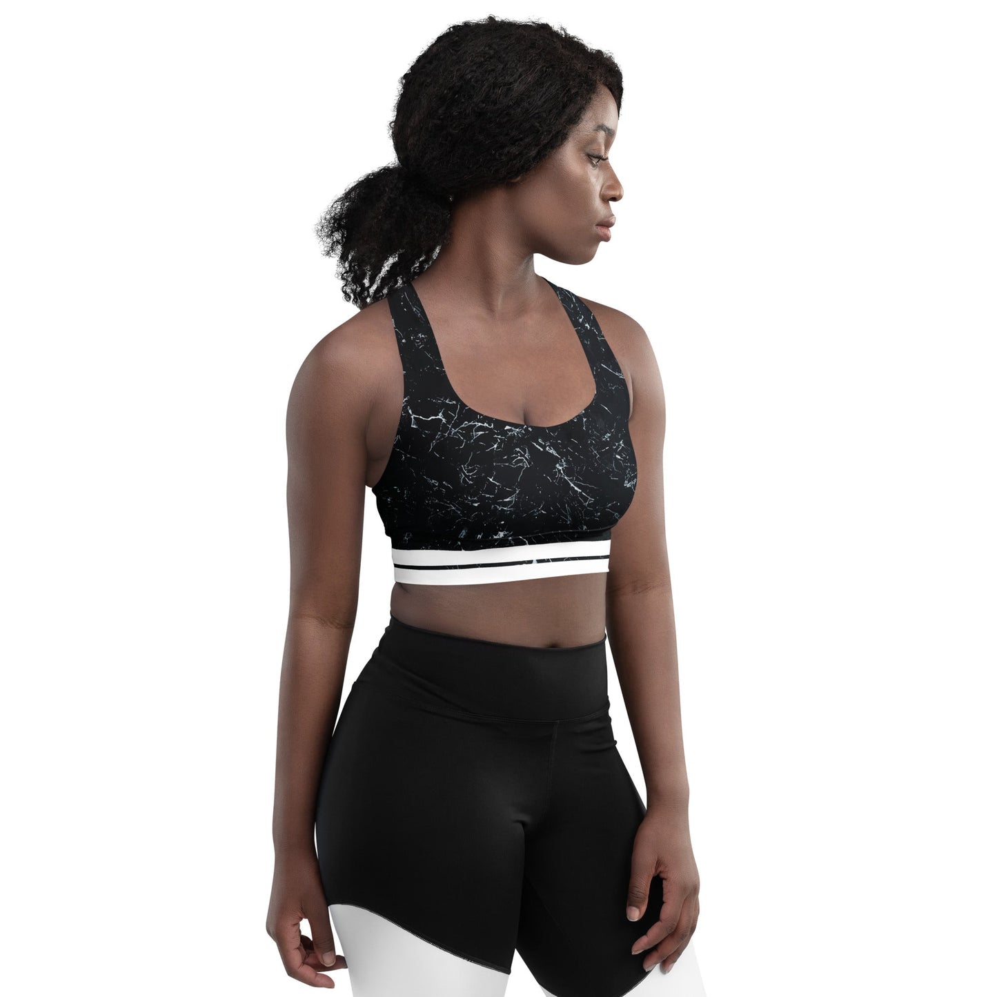 Recycelter Longline - Sport - BH mit Marmor - Design & weißen Streifen - YogaStylz