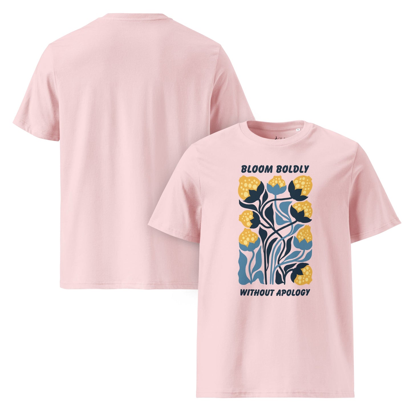 T-Shirt mit „Bloom Boldly Without Apology“ Print – Unisex Shirt aus 100 % Baumwolle (Bio) | Retro Florales Statement - YogaStylz