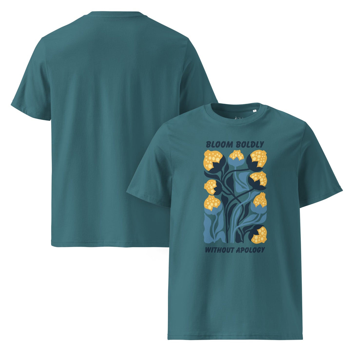 T-Shirt mit „Bloom Boldly Without Apology“ Print – Unisex Shirt aus 100 % Baumwolle (Bio) | Retro Florales Statement - YogaStylz
