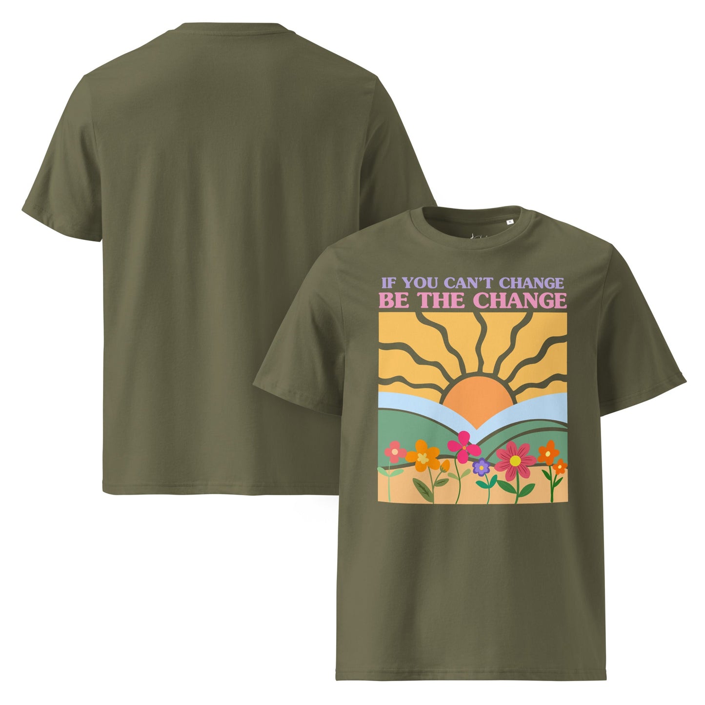 „Be The Change“ Unisex Bio T-Shirt – Sunrise & Flowers Design - YogaStylz