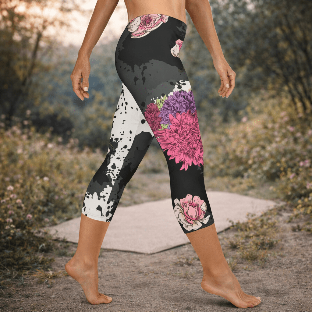 Boho Capri - Leggings „Midnight Blossom“ – Floral High Waist - YogaStylz