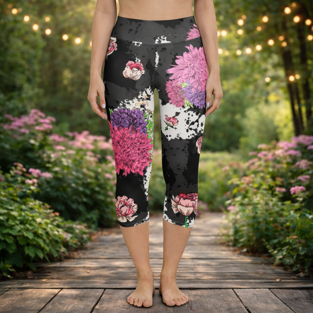 Boho Yoga - Capri - Leggings „Midnight Blossom“ – High Waist Florale Sport Leggings - YogaStylz