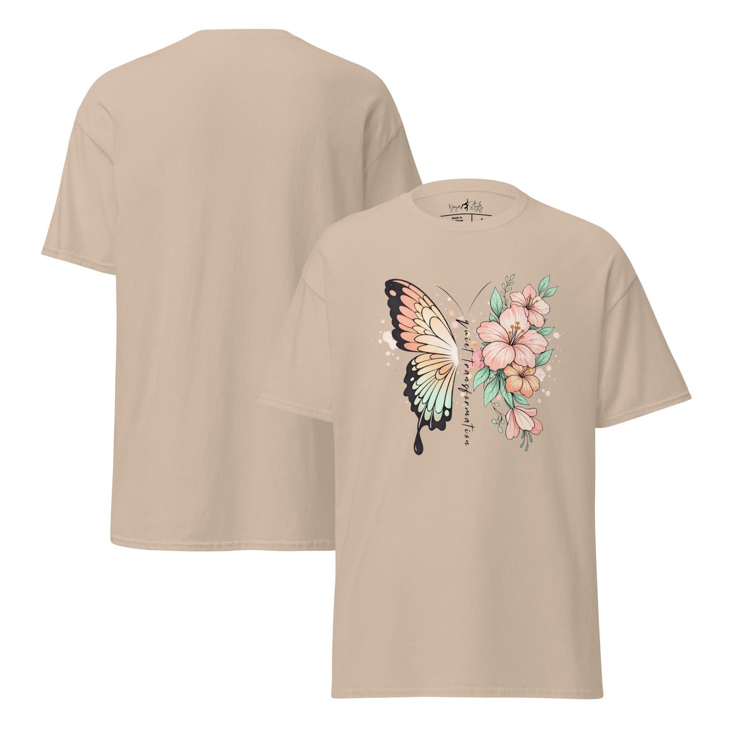 Butterfly Flower T-Shirt | Klassisches Baumwollshirt Quiet Transformation | Boho Style - YogaStylz
