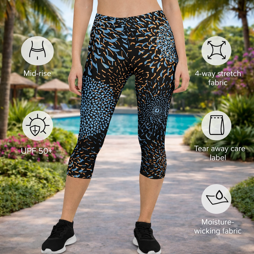 Capri - Leggings – Abstraktes Blau - Schwarz - Design - YogaStylz