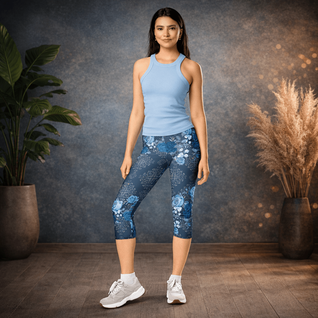 Capri - Leggings – Blaue Rosen & Ornament - Muster - YogaStylz