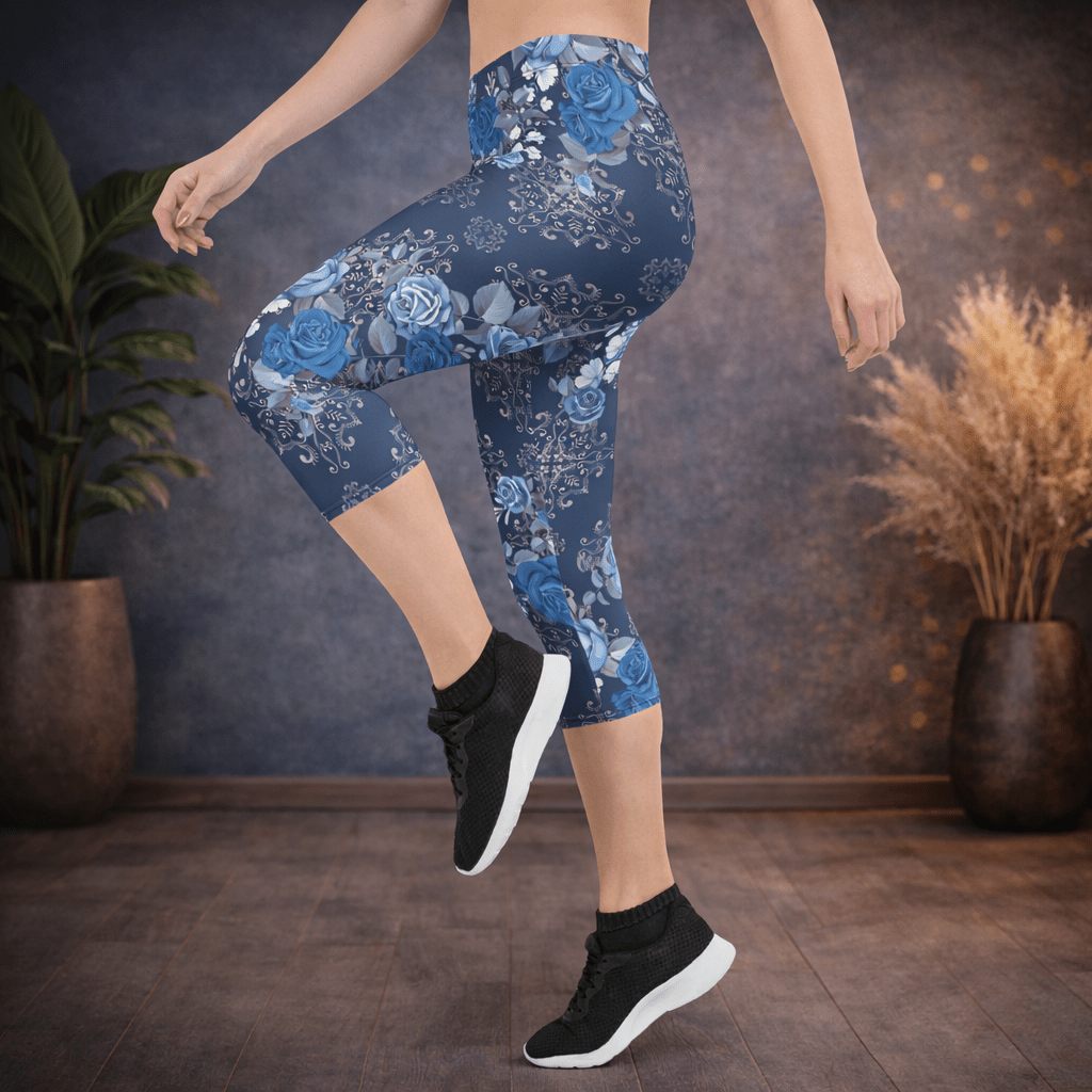 Capri - Leggings – Blaue Rosen & Ornament - Muster - YogaStylz