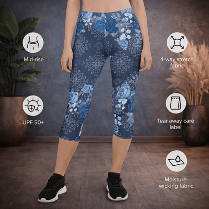 Capri - Leggings – Blaue Rosen & Ornament - Muster - YogaStylz