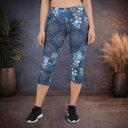 Capri - Leggings – Blaue Rosen & Ornament - Muster - YogaStylz