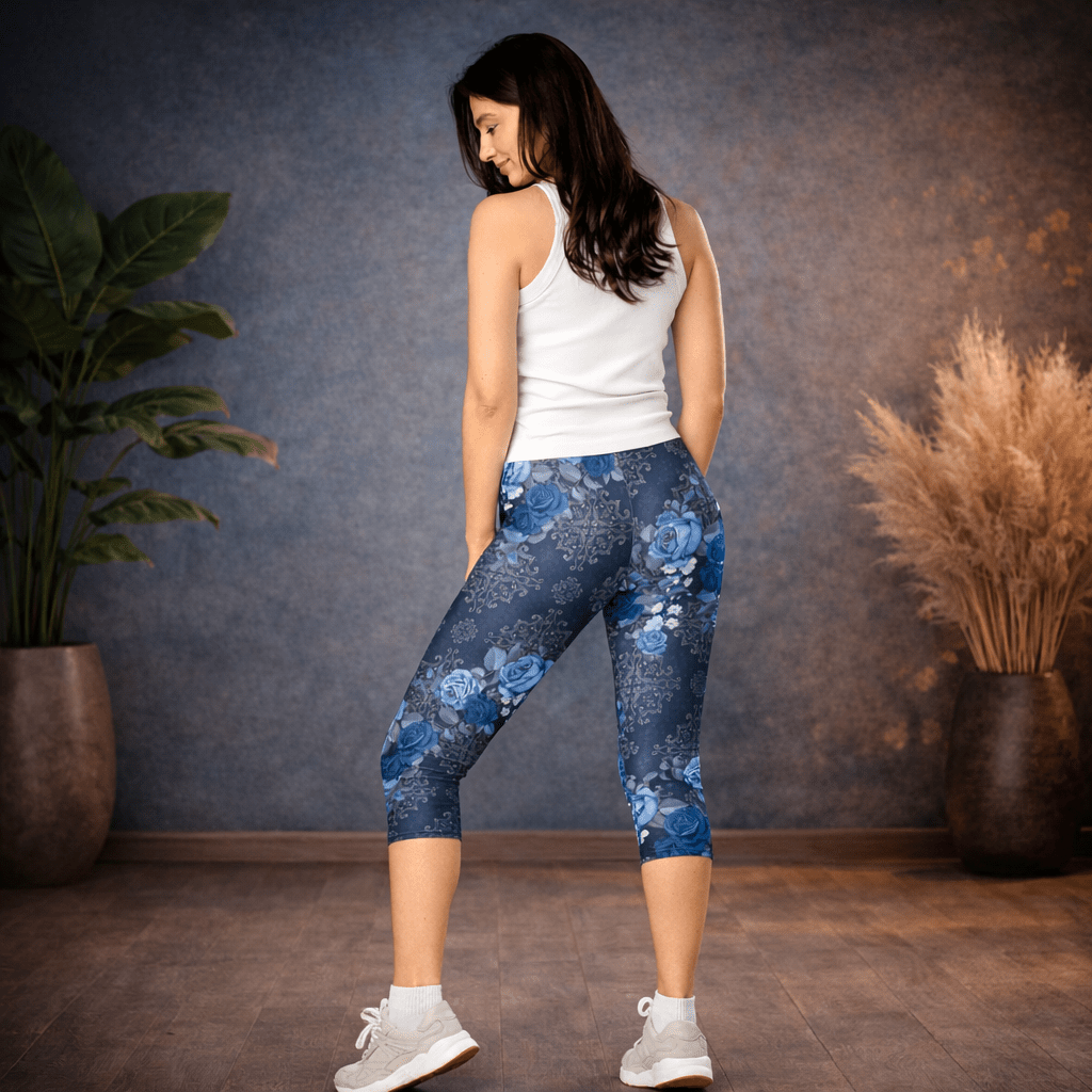 Capri - Leggings – Blaue Rosen & Ornament - Muster - YogaStylz