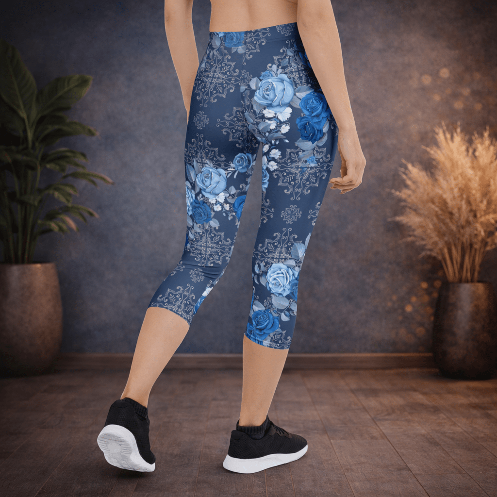Capri - Leggings – Blaue Rosen & Ornament - Muster - YogaStylz