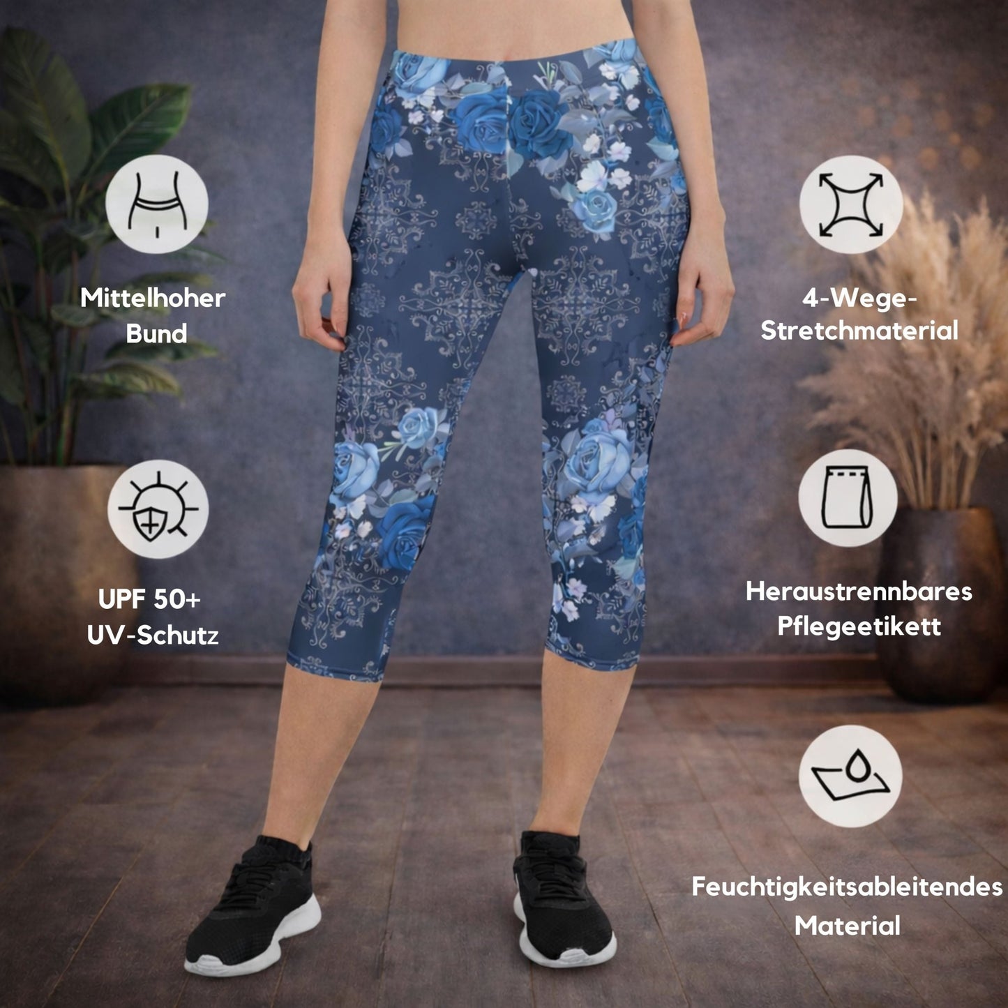 Capri - Leggings – Blaue Rosen & Ornament - Muster - YogaStylz