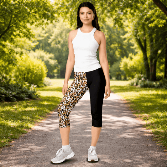 Capri - Leggings – Halbseitiges Leopardenmuster - YogaStylz