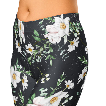 Capri - Leggings mit weißen Blumen – Florales 3/4 Design auf Dunkelgrau | Bequeme Yogahose mit Stretch & UV - Schutz für Damen - YogaStylz