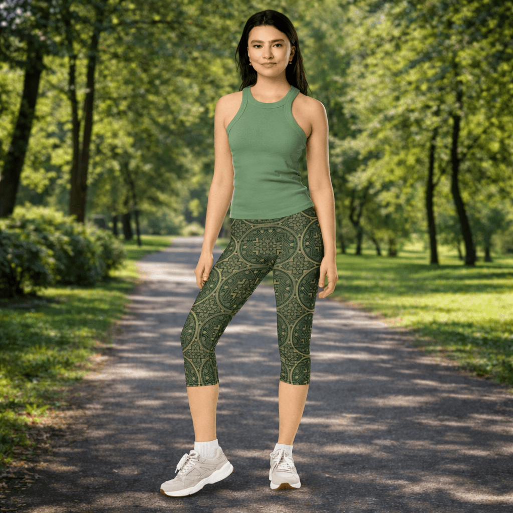 Capri - Leggings – Orientalisches Muster in Olivgrün - YogaStylz