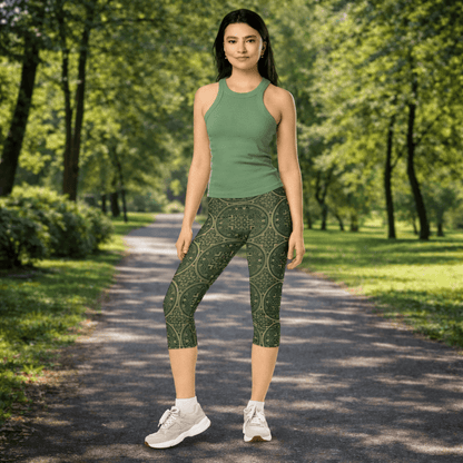 Capri - Leggings – Orientalisches Muster in Olivgrün - YogaStylz