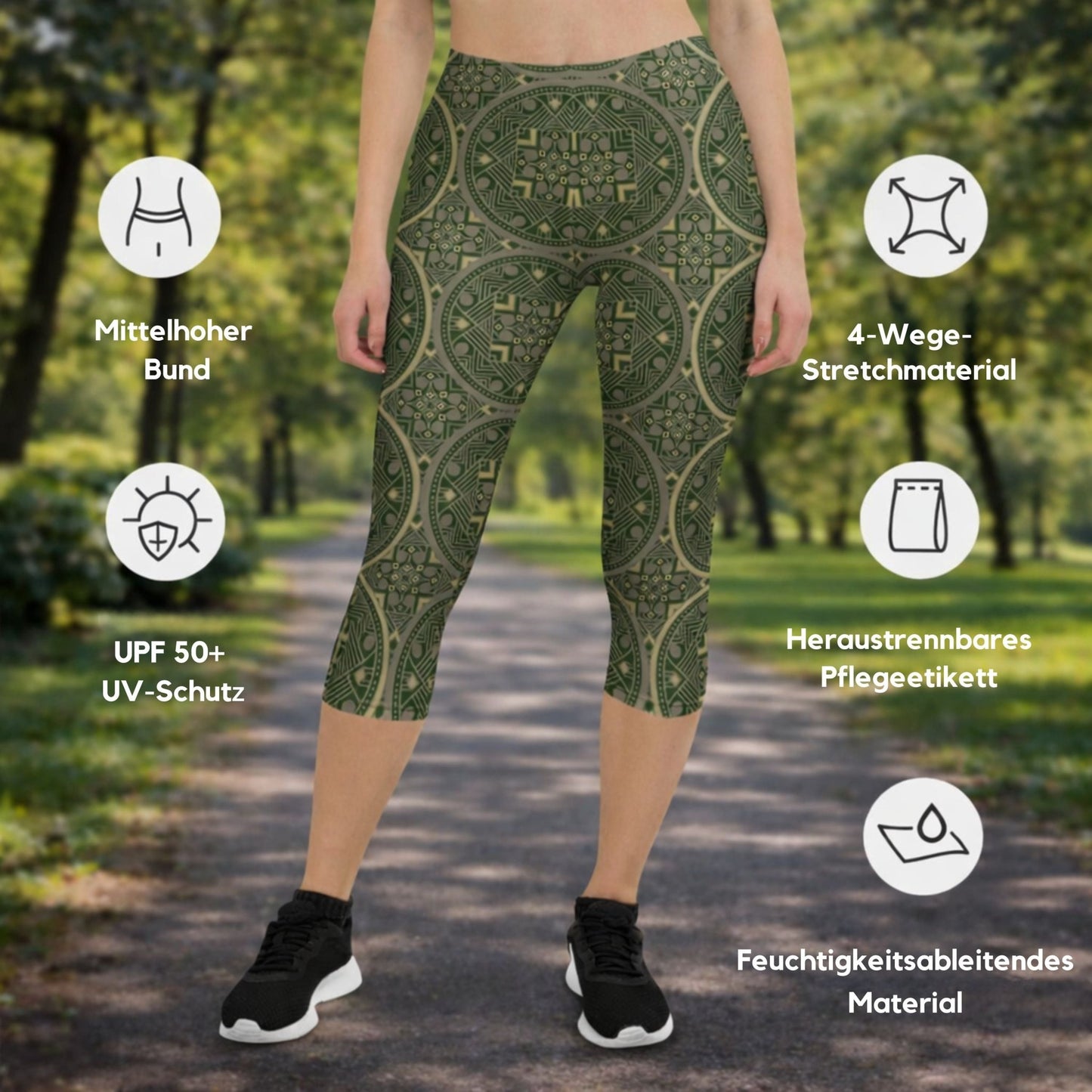 Capri - Leggings – Orientalisches Muster in Olivgrün - YogaStylz