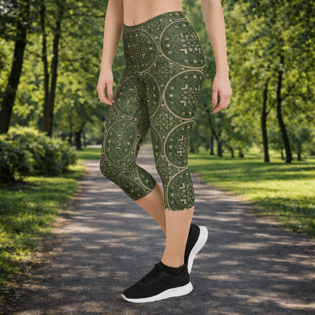 Capri - Leggings – Orientalisches Muster in Olivgrün - YogaStylz