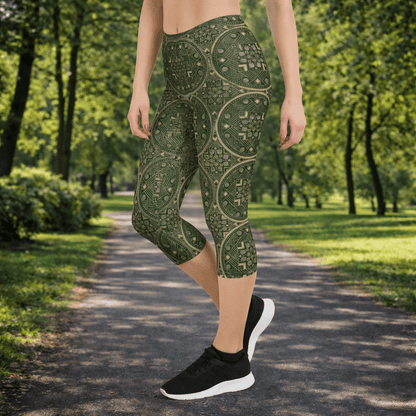 Capri - Leggings – Orientalisches Muster in Olivgrün - YogaStylz
