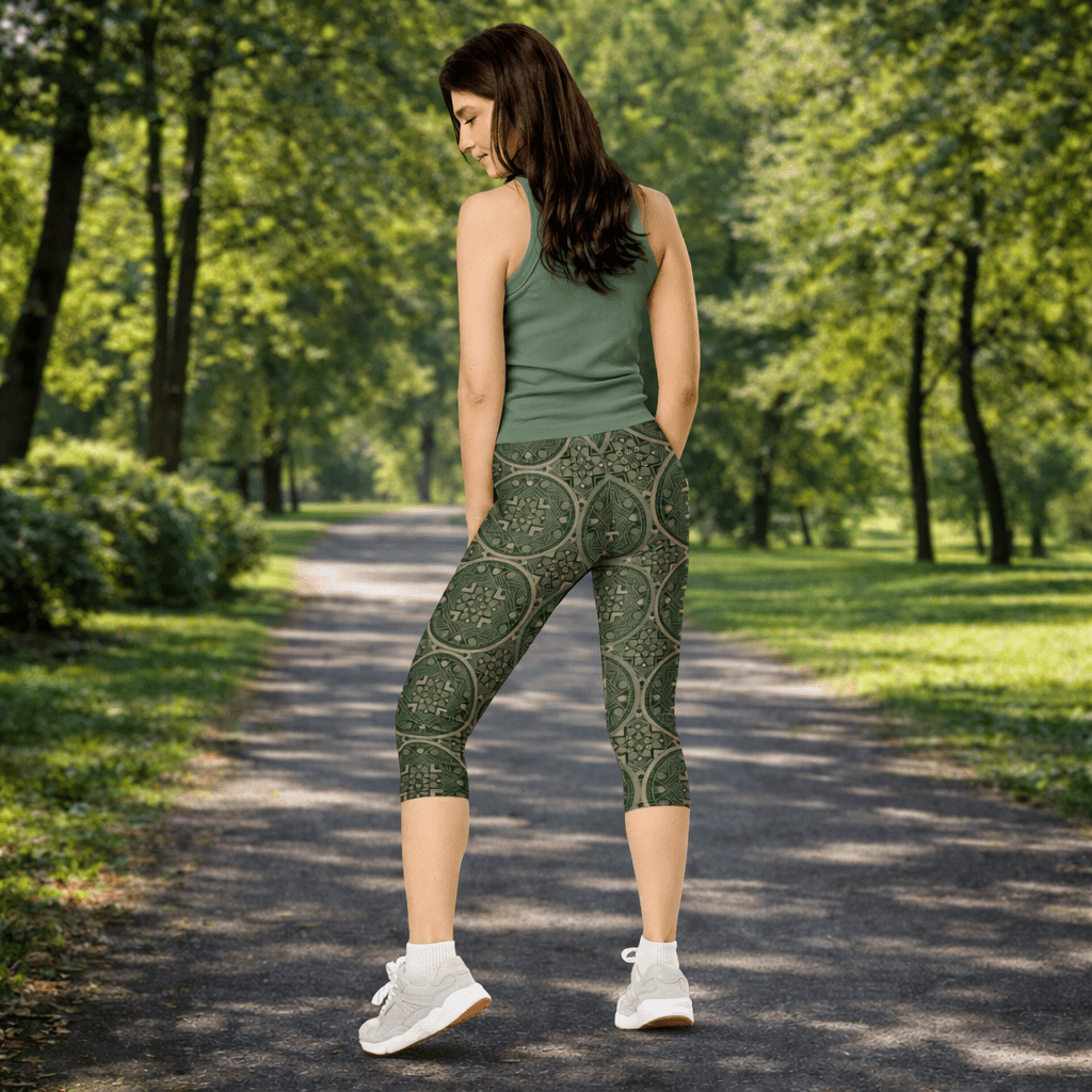 Capri - Leggings – Orientalisches Muster in Olivgrün - YogaStylz