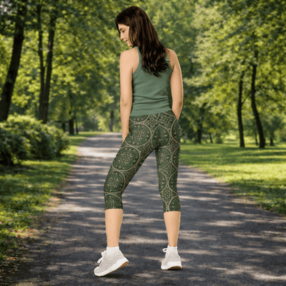 Capri - Leggings – Orientalisches Muster in Olivgrün - YogaStylz