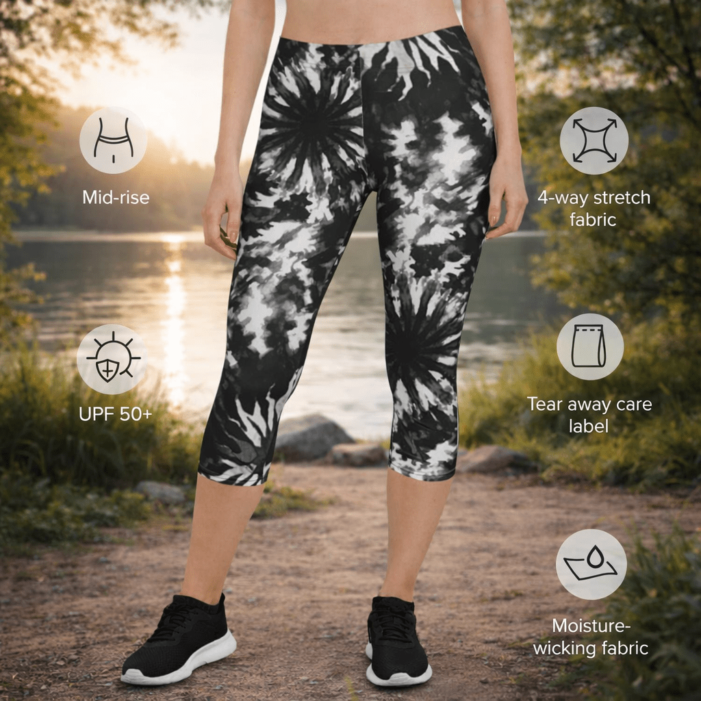 Capri - Leggings – Schwarz - Weiß Tie - Dye - Design - YogaStylz