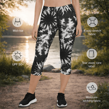 Capri - Leggings – Schwarz - Weiß Tie - Dye - Design - YogaStylz