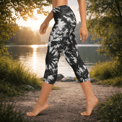 Capri - Leggings – Schwarz - Weiß Tie - Dye - Design - YogaStylz