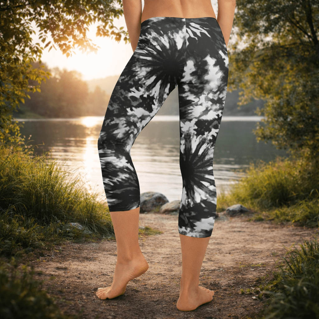Capri - Leggings – Schwarz - Weiß Tie - Dye - Design - YogaStylz