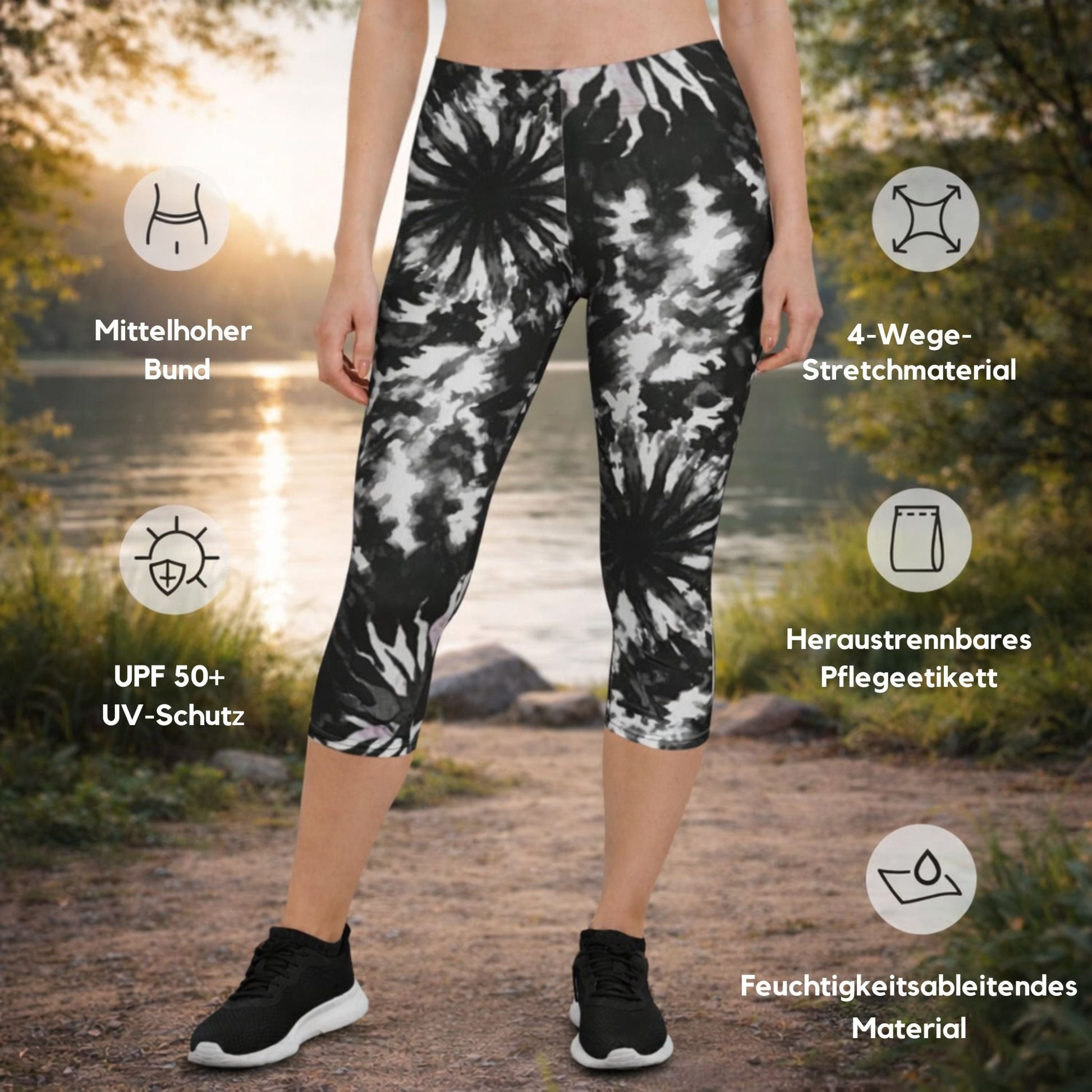Capri - Leggings – Schwarz - Weiß Tie - Dye - Design - YogaStylz