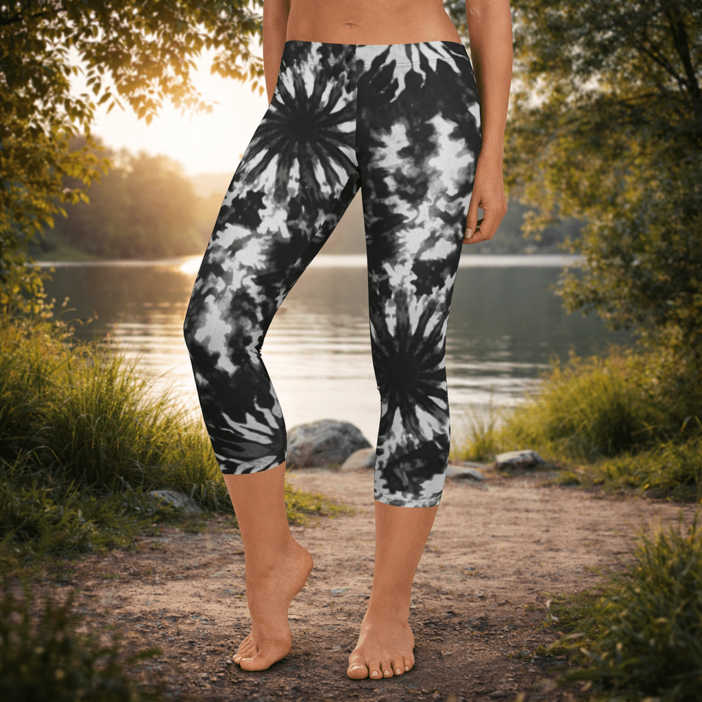 Capri - Leggings – Schwarz - Weiß Tie - Dye - Design - YogaStylz