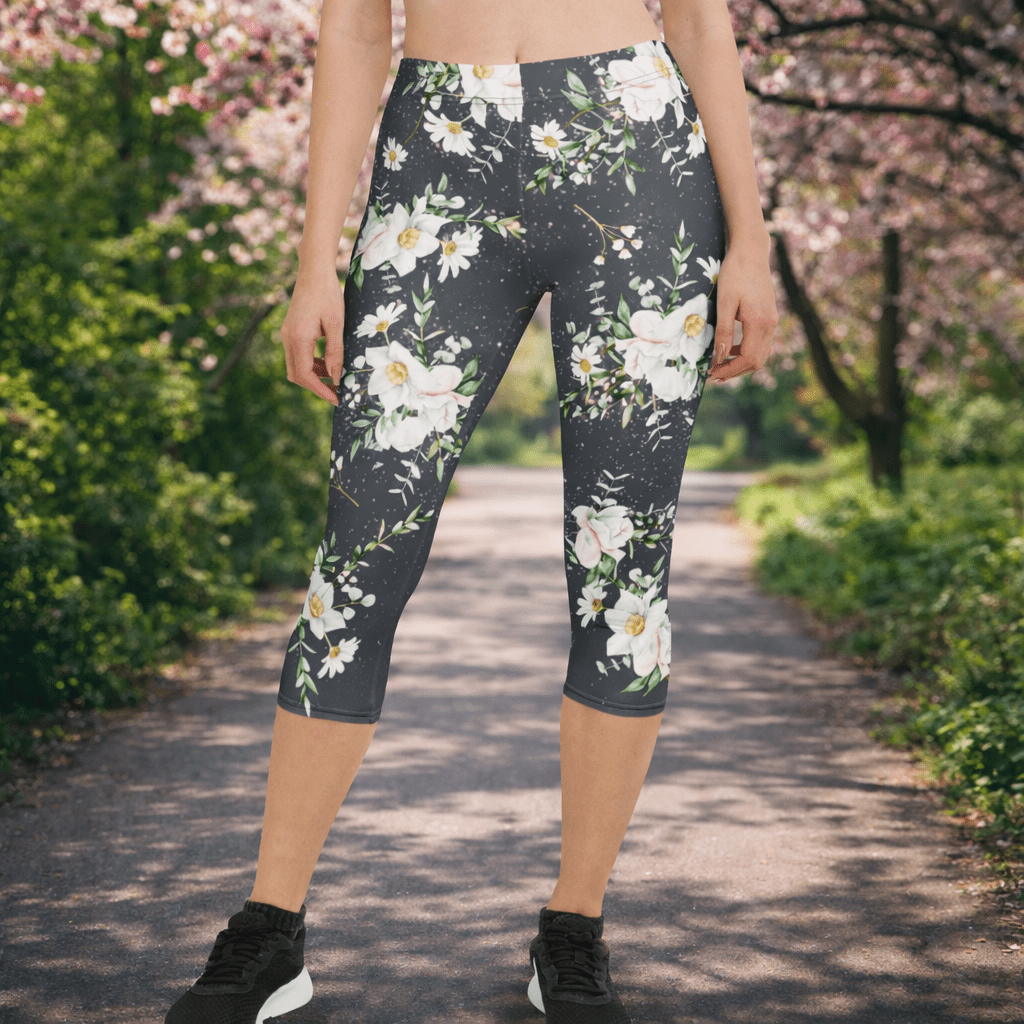 Capri - Leggings – Weißes Blumenmuster - YogaStylz