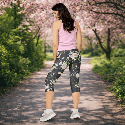 Capri - Leggings – Weißes Blumenmuster - YogaStylz