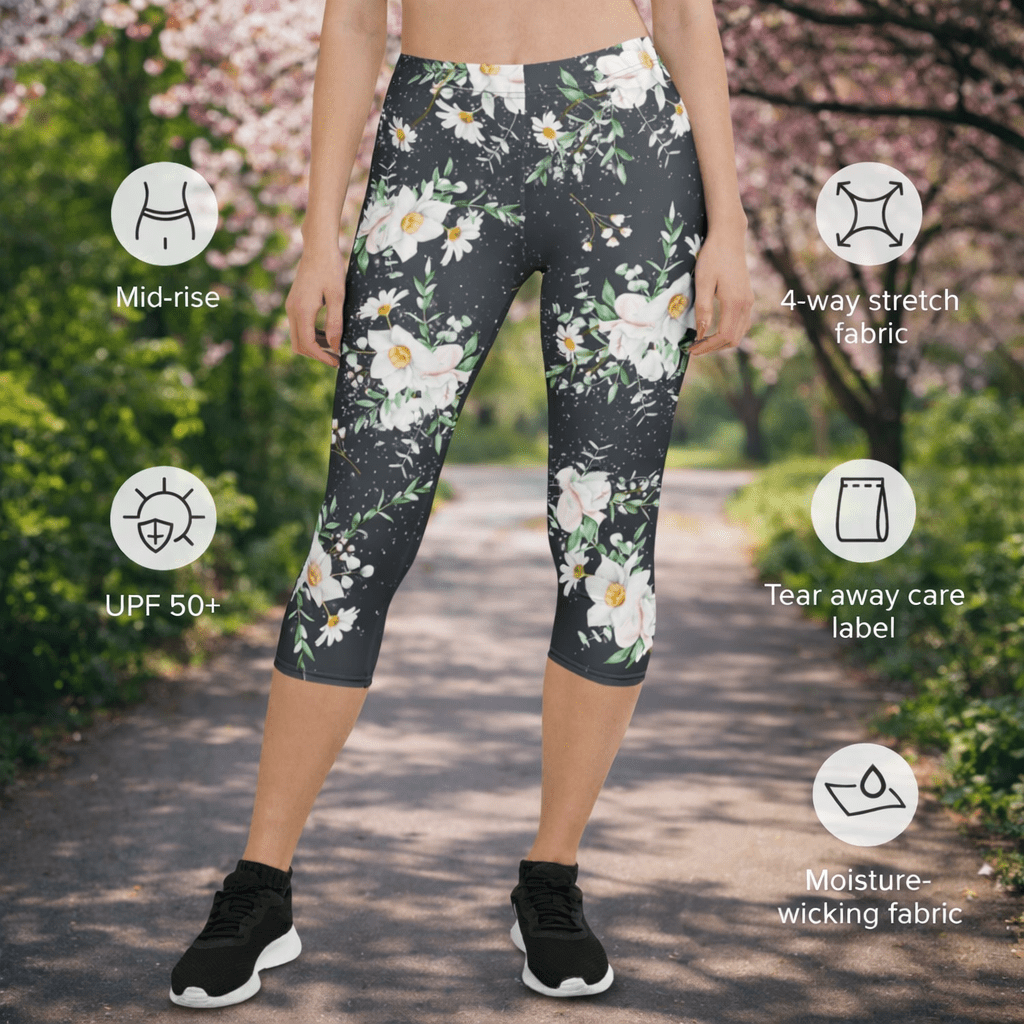 Capri - Leggings – Weißes Blumenmuster - YogaStylz