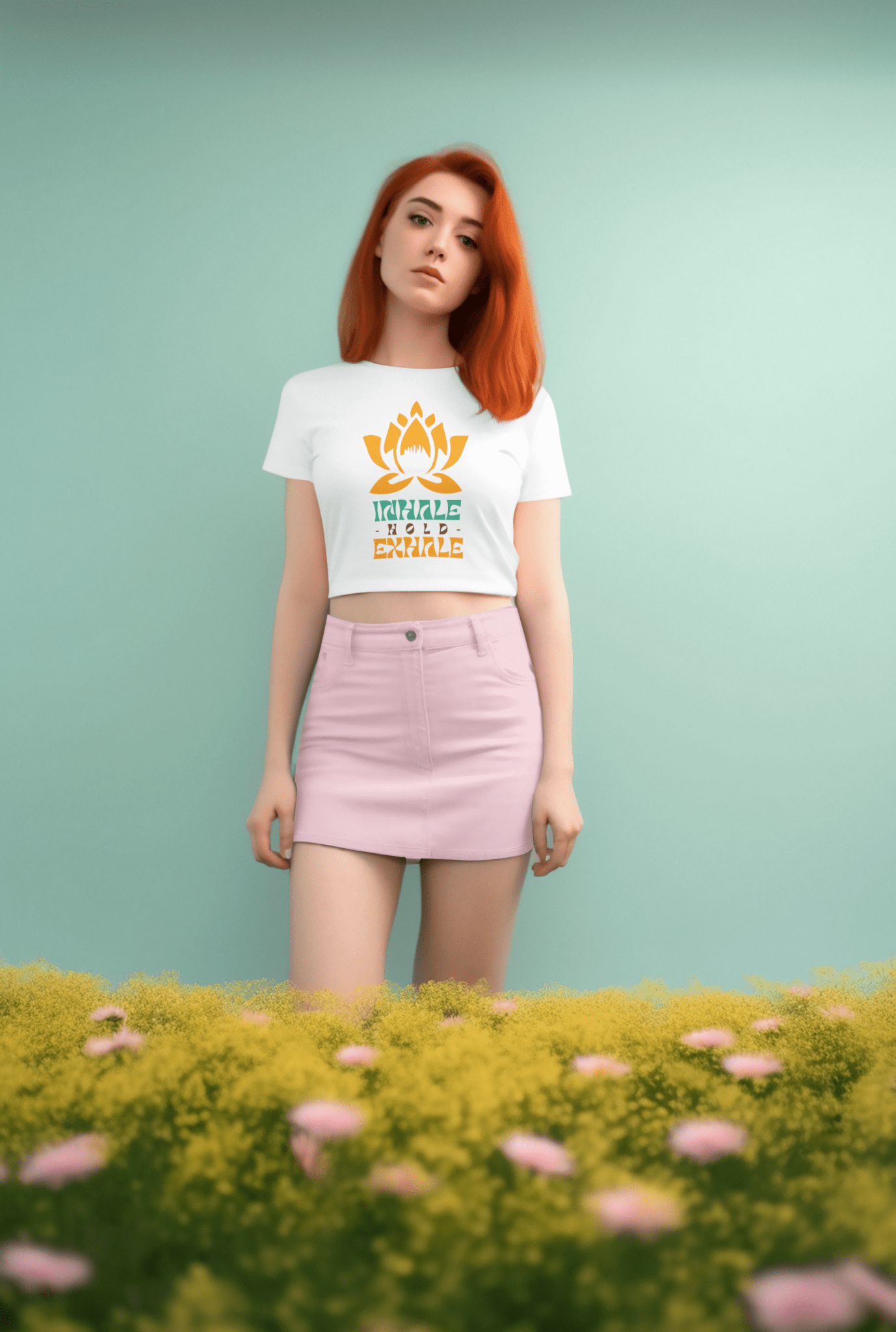 Crop - Top mit Lotus & „Inhale Hold Exhale“ - Print – Lockeres Sommer - Shirt aus Baumwolle | Achtsame Yoga Streetwear Damen - YogaStylz