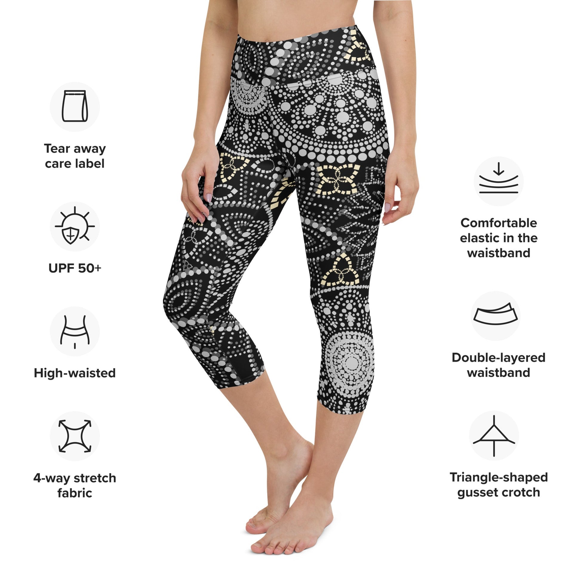 Mandala Capri - Yoga - Leggings Schwarz Weiß – Hoher Bund & 4 - Wege - Stretch | Bequeme Wadenleggings für Damen im Boho - Stil - YogaStylz