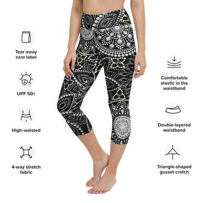 Mandala Capri - Yoga - Leggings Schwarz Weiß – Hoher Bund & 4 - Wege - Stretch | Bequeme Wadenleggings für Damen im Boho - Stil - YogaStylz