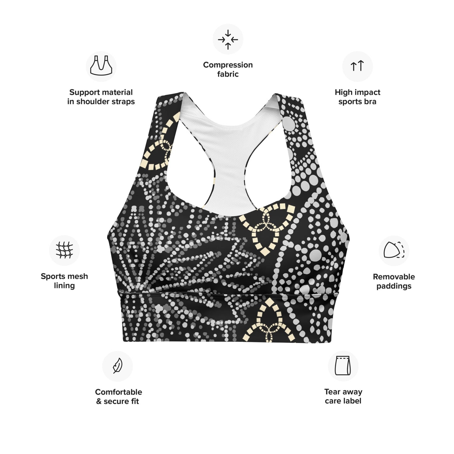 Mandala Kompressions - Sport - BH Schwarz Weiß – Recycelter Halt - BH mit langer Silhouette | Für Training & Streetwear - YogaStylz