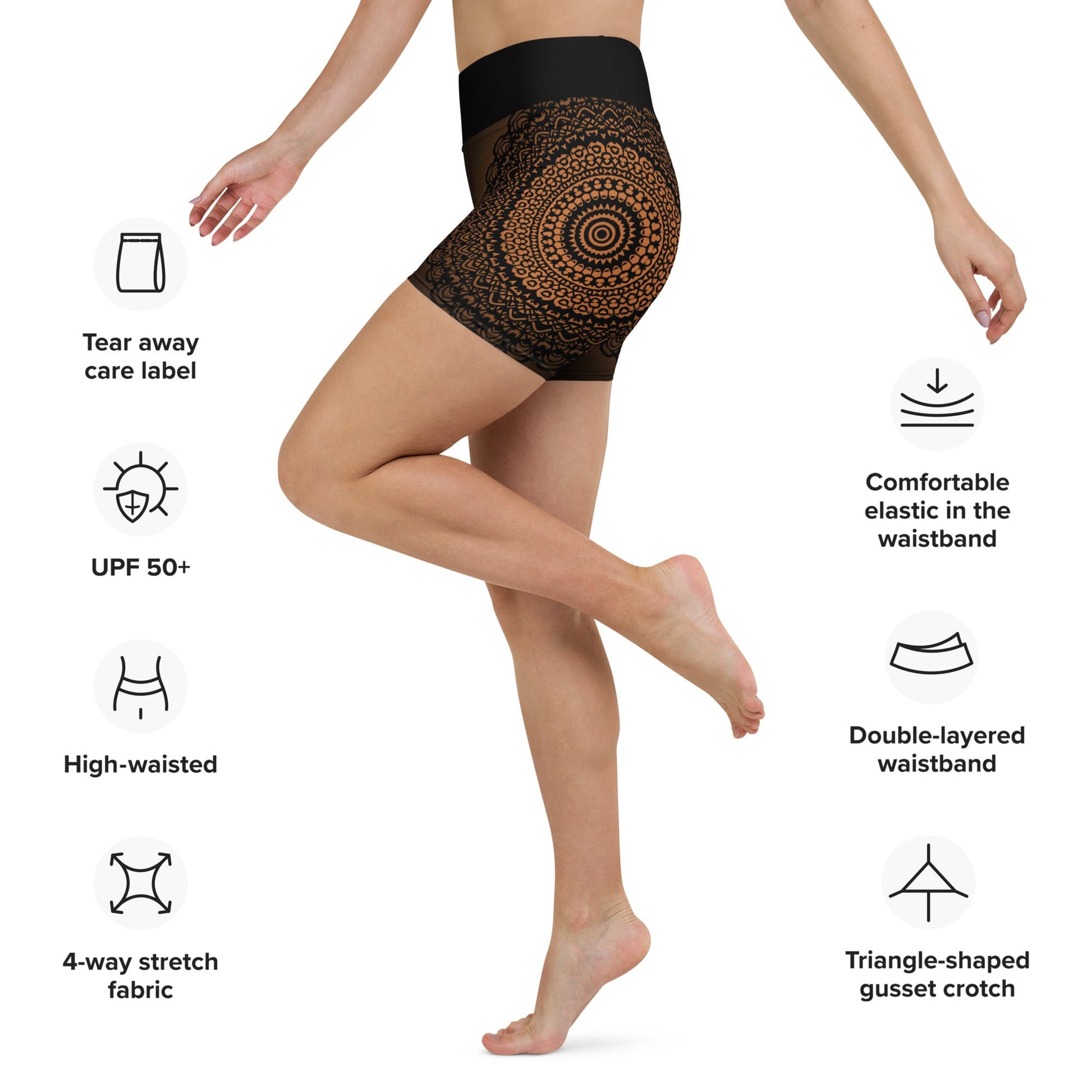 Mandala Shorts Braun Schwarz – Boho Sport - Shorts mit hohem Bund & 4 - Wege - Stretch | Figurbetont & weich für Workout & Yoga - YogaStylz
