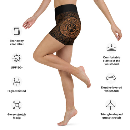 Mandala Shorts Braun Schwarz – Boho Sport - Shorts mit hohem Bund & 4 - Wege - Stretch | Figurbetont & weich für Workout & Yoga - YogaStylz