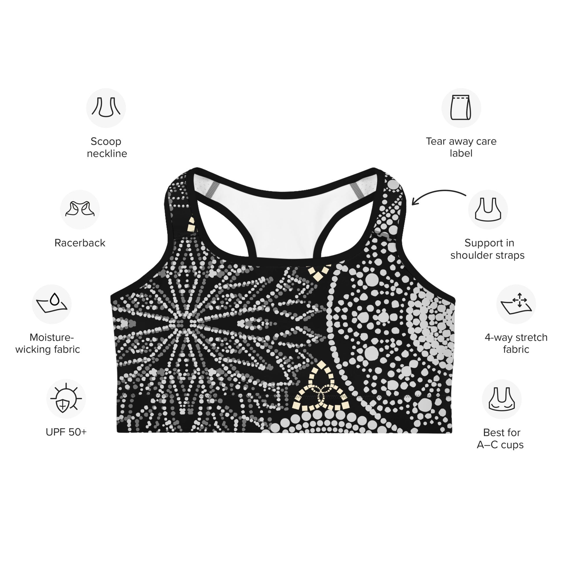 Mandala Sport - BH Schwarz Weiß – Feuchtigkeitsableitender Racerback - BH mit hohem Halt | Boho Fitness - BH für Damen A–C - YogaStylz