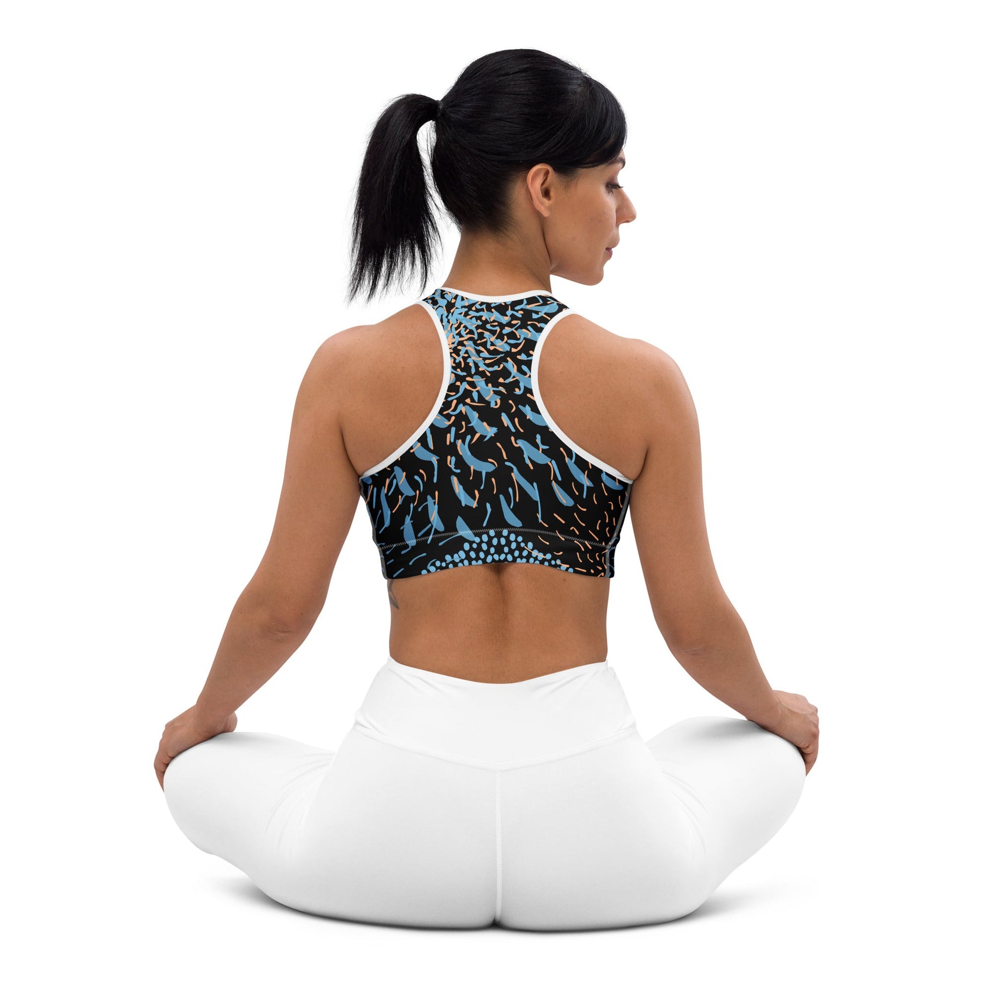 Sport - BH Abstrakt Blau Schwarz – Feuchtigkeitsableitend & stützend | Racerback - BH für Damen mit 4 - Wege - Stretch & Gummibund - YogaStylz