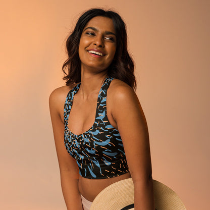 Sport - BH Schwarz Blau Abstrakt – Recycelter Kompressions - BH mit Polsterung | Haltgebendes Sporttop für Damen & Training - YogaStylz