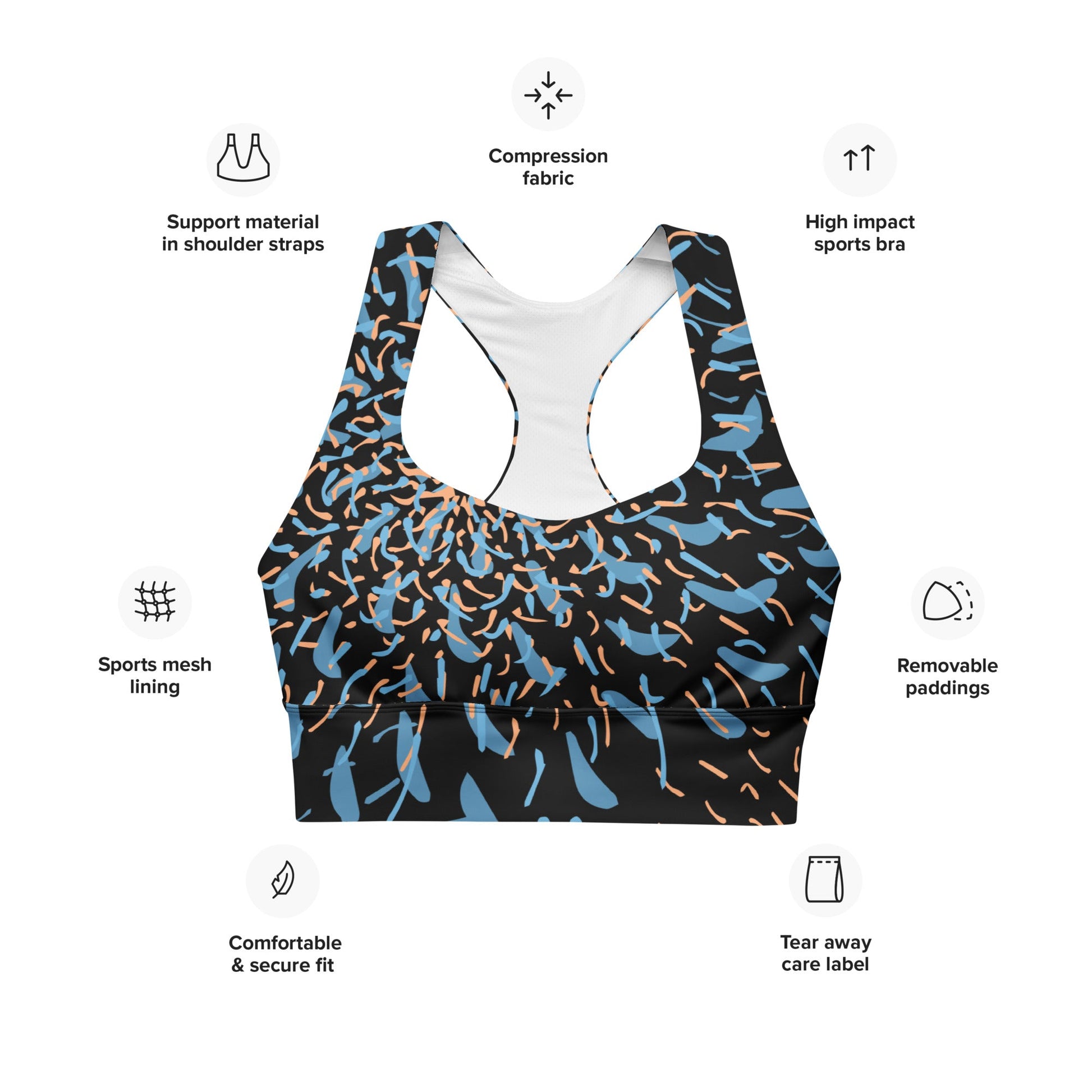 Sport - BH Schwarz Blau Abstrakt – Recycelter Kompressions - BH mit Polsterung | Haltgebendes Sporttop für Damen & Training - YogaStylz