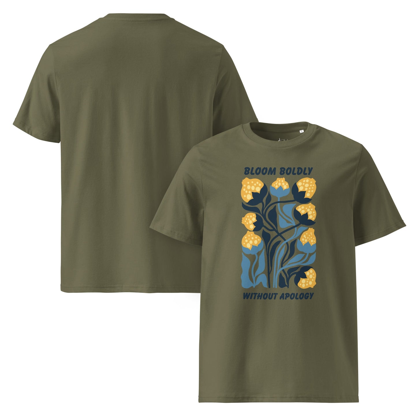 T-Shirt mit „Bloom Boldly Without Apology“ Print – Unisex Shirt aus 100 % Baumwolle (Bio) | Retro Florales Statement - YogaStylz