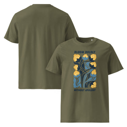 T-Shirt mit „Bloom Boldly Without Apology“ Print – Unisex Shirt aus 100 % Baumwolle (Bio) | Retro Florales Statement - YogaStylz