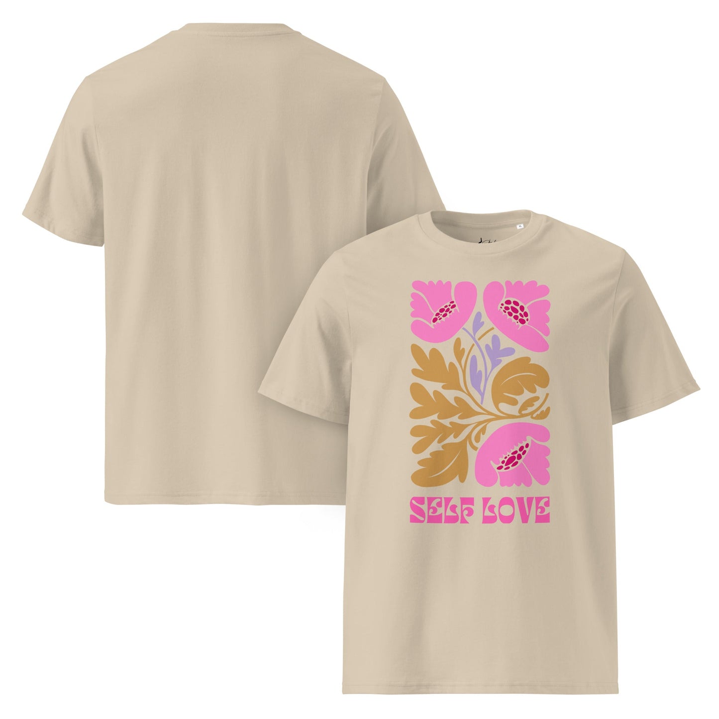 T-Shirt mit „Self Love“ Print – Florales Unisex Shirt aus 100 % Baumwolle (Bio) | Retro Achtsamkeit & Nachhaltigkeit - YogaStylz