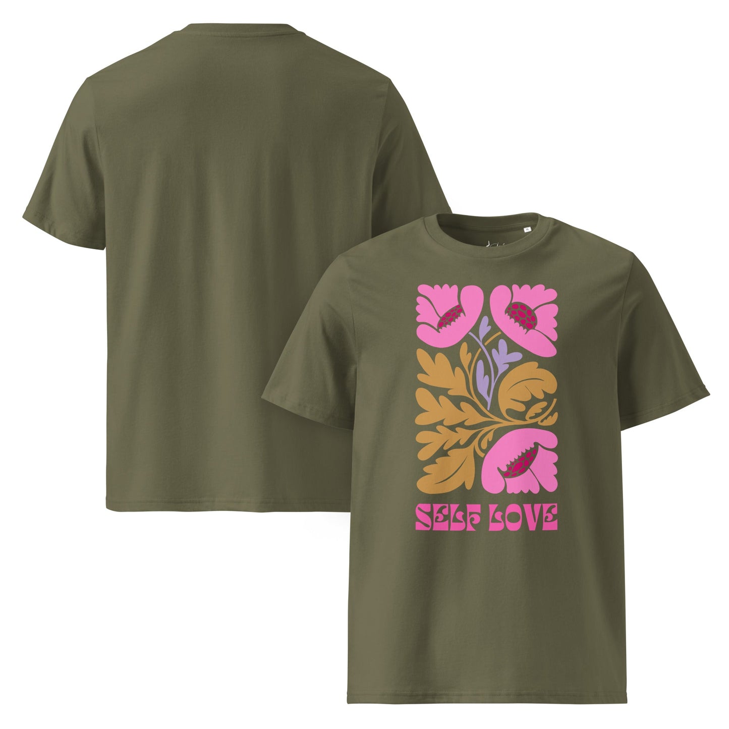 T-Shirt mit „Self Love“ Print – Florales Unisex Shirt aus 100 % Baumwolle (Bio) | Retro Achtsamkeit & Nachhaltigkeit - YogaStylz