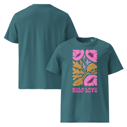 T-Shirt mit „Self Love“ Print – Florales Unisex Shirt aus 100 % Baumwolle (Bio) | Retro Achtsamkeit & Nachhaltigkeit - YogaStylz