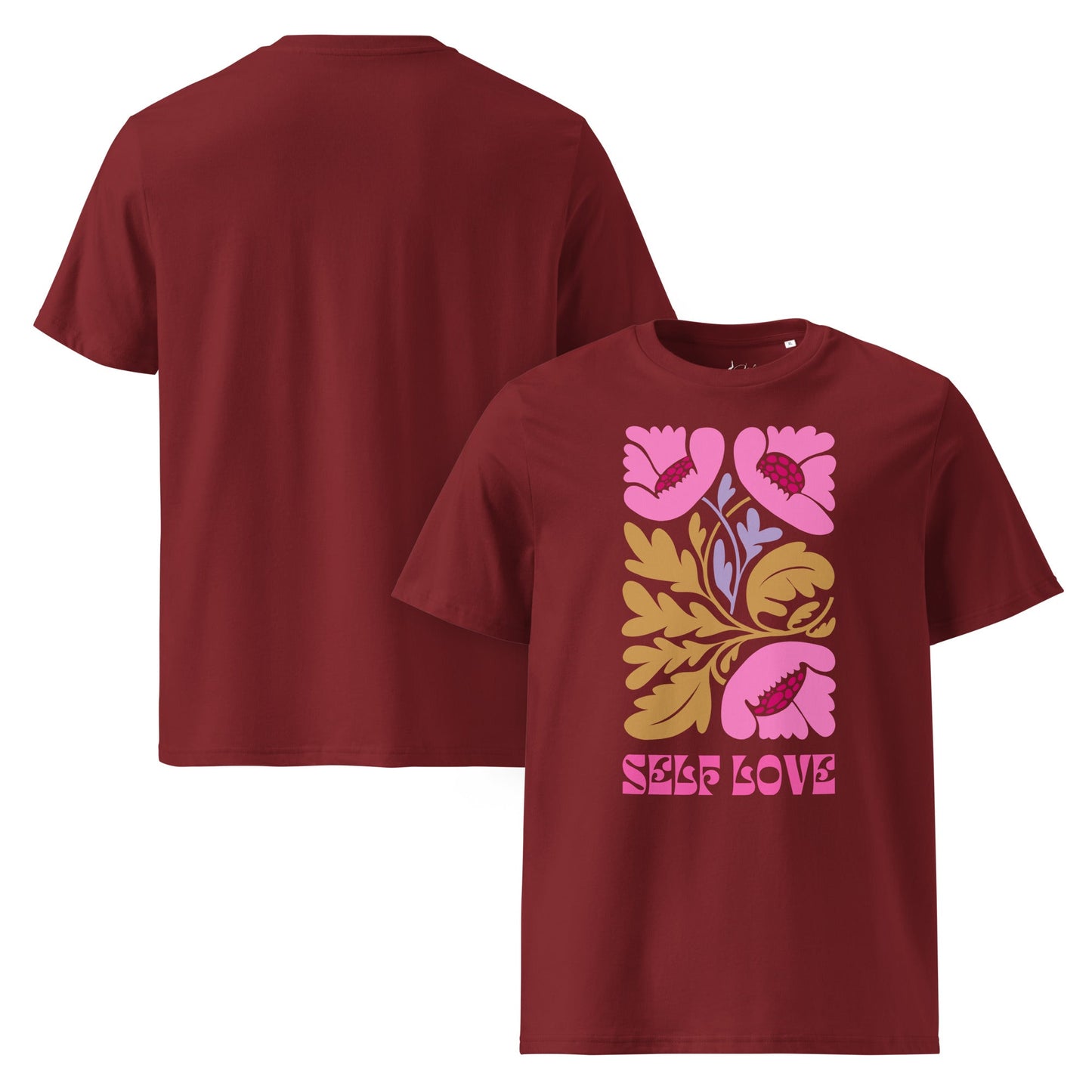 T-Shirt mit „Self Love“ Print – Florales Unisex Shirt aus 100 % Baumwolle (Bio) | Retro Achtsamkeit & Nachhaltigkeit - YogaStylz